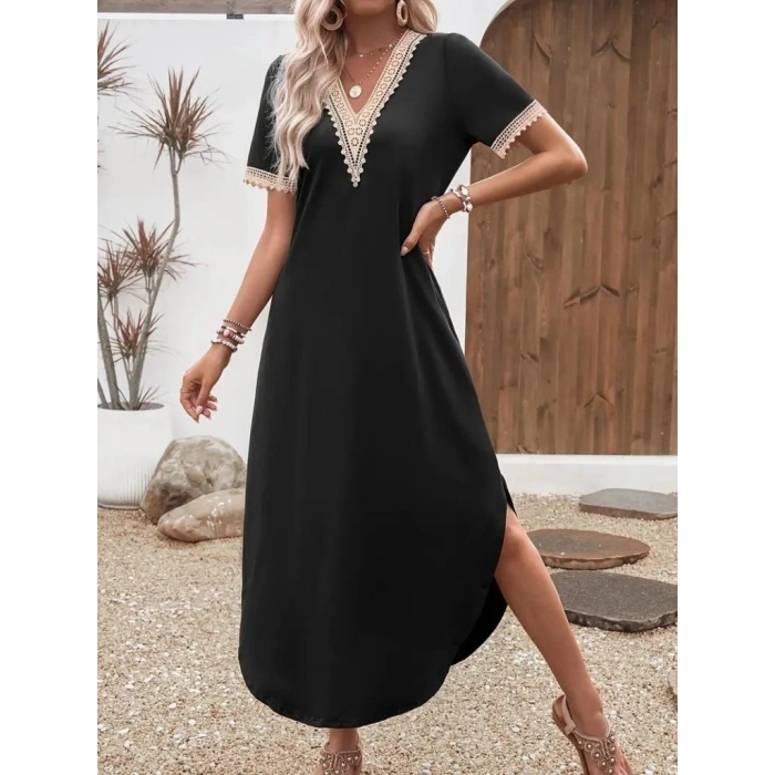 MDB Kadın Kısa Kollu Dantel V Yakalı Uzun Viskon Elbise