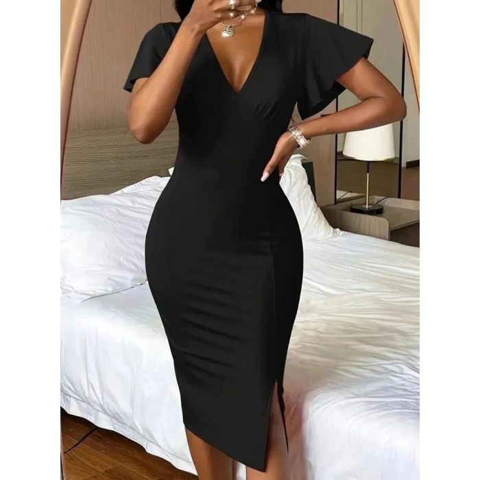 MDB Kadın Kısa Kollu Derin Dekolte V Yakalı Yırtmaçlı Midi Janjan Krep Elbise