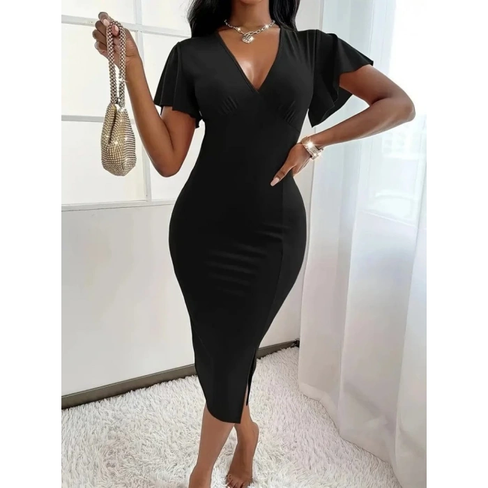 MDB Kadın Kısa Kollu Derin Dekolte V Yakalı Yırtmaçlı Midi Janjan Krep Elbise