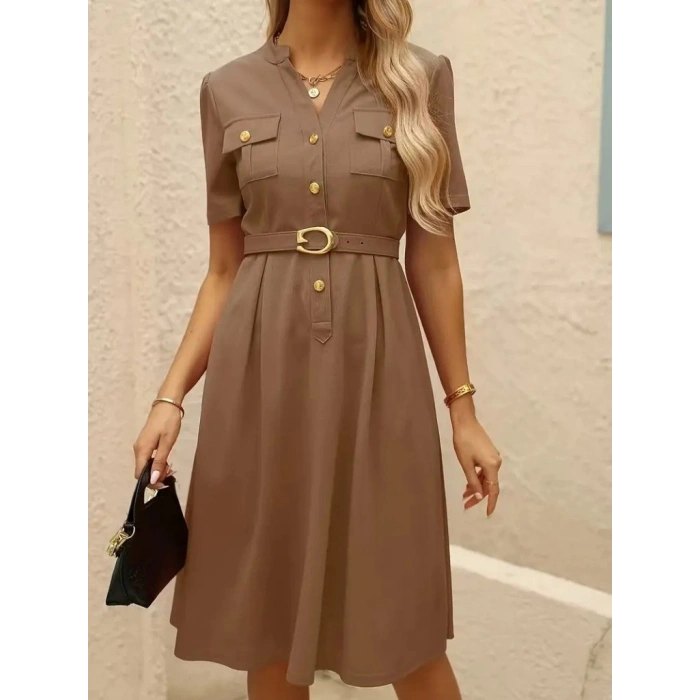 MDB Kadın Kısa Kollu Düğmeli Ve Kemerli Atlas Elbise