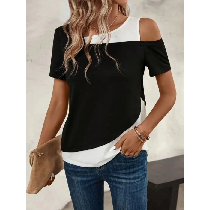 MDB Kadın Kısa Kollu Geometrik Kesin Detaylı çift Renkli Viskon Bluz