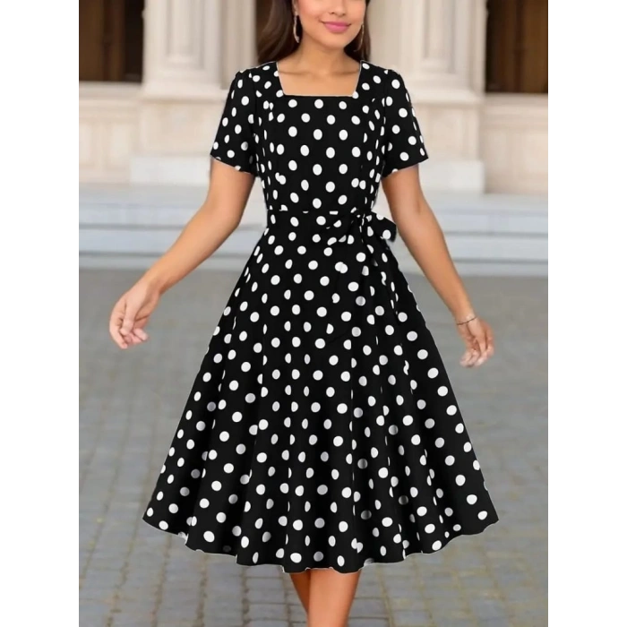 MDB Kadın Kısa Kollu Geometrik Yaka Puantiyeli Kiloş Midi Süprem Elbise