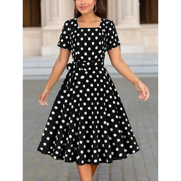 MDB Kadın Kısa Kollu Geometrik Yaka Puantiyeli Kiloş Midi Süprem Elbise