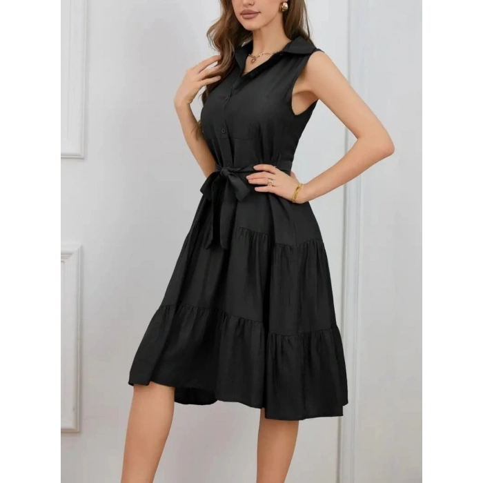 MDB Kadın Kısa Kollu Gömlek Yaka Düğmeli Beli Kuşaklı Katlı Dokuma Midi Elbise