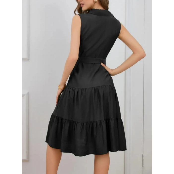 MDB Kadın Kısa Kollu Gömlek Yaka Düğmeli Beli Kuşaklı Katlı Dokuma Midi Elbise