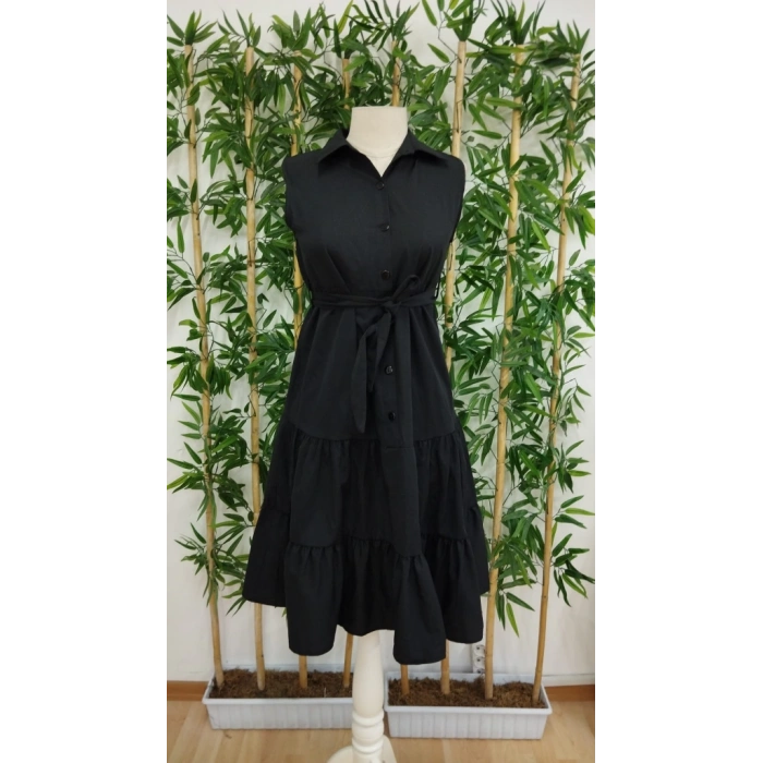 MDB Kadın Kısa Kollu Gömlek Yaka Düğmeli Beli Kuşaklı Katlı Dokuma Midi Elbise