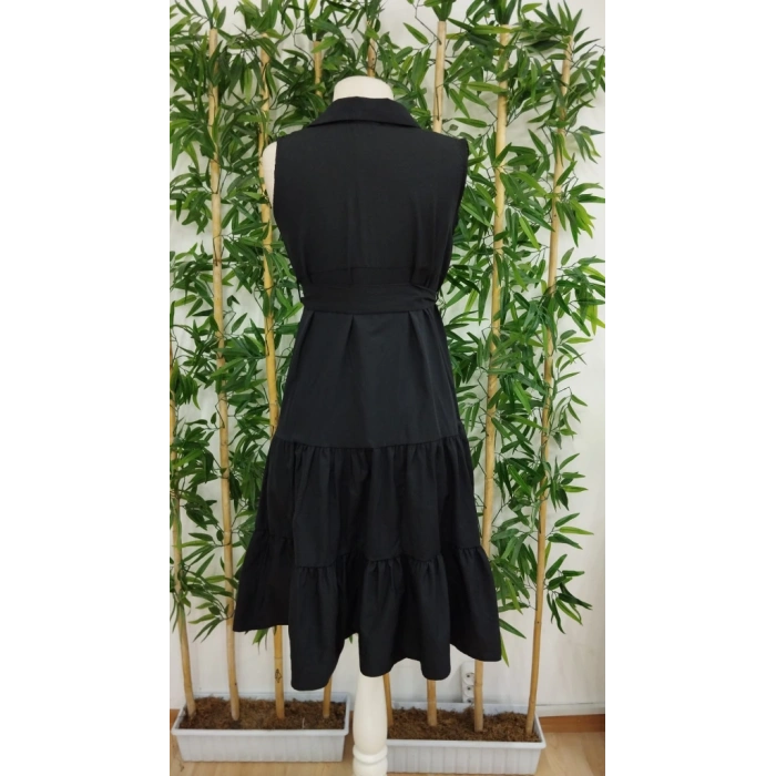 MDB Kadın Kısa Kollu Gömlek Yaka Düğmeli Beli Kuşaklı Katlı Dokuma Midi Elbise