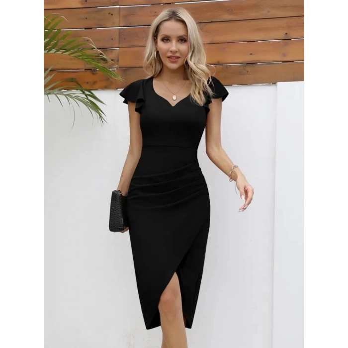 MDB Kadın Kısa Kollu Kalp Yaka Yanlardan Büzgü Detay Midi Janjan Krep Elbise