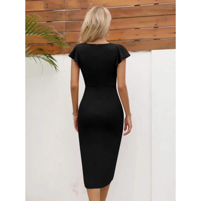 MDB Kadın Kısa Kollu Kalp Yaka Yanlardan Büzgü Detay Midi Janjan Krep Elbise