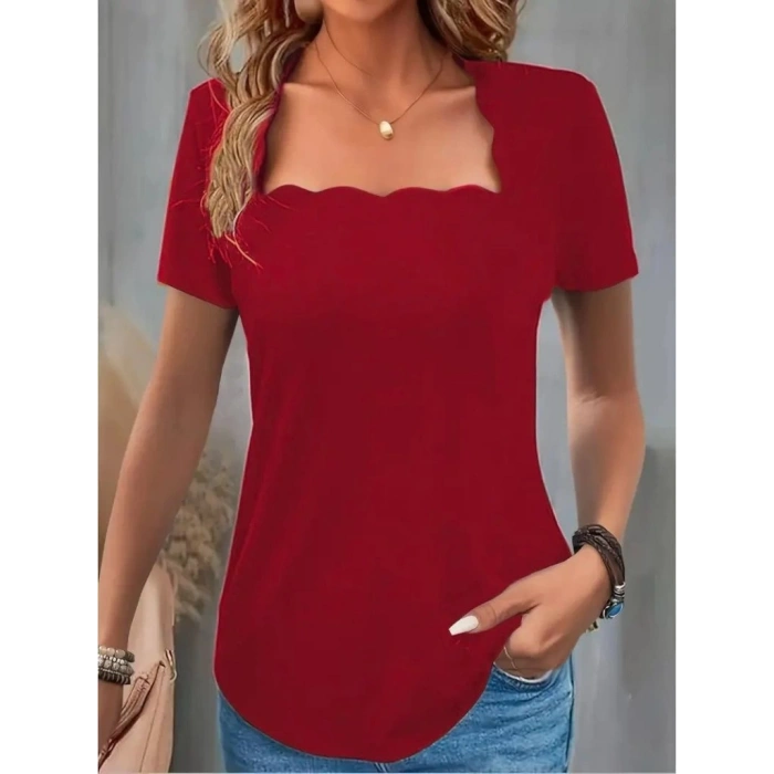 MDB Kadın Kısa Kollu Kare Lazer Yakalı Janjan Krep Bluz