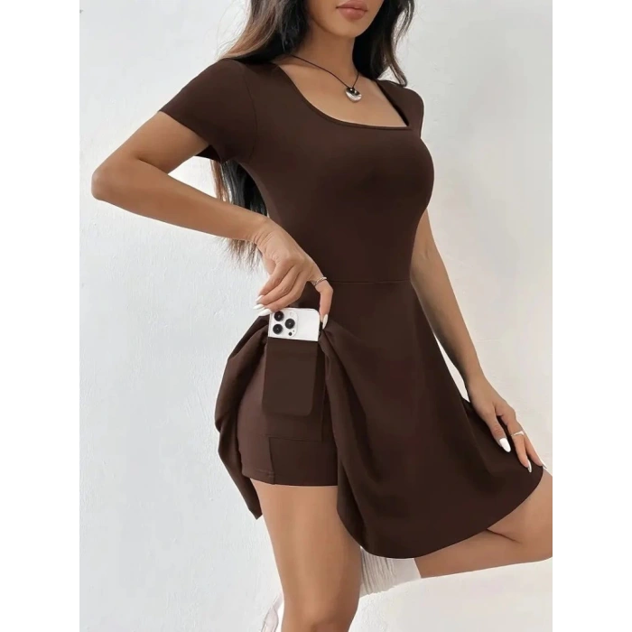 MDB Kadın Kısa Kollu Kare Yaka Short Detaylı Cepli Dalgıç Elbise