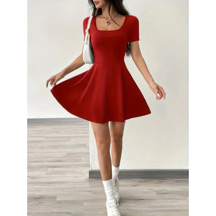 MDB Kadın Kısa Kollu Kare Yaka Short Detaylı Cepli Dalgıç Elbise