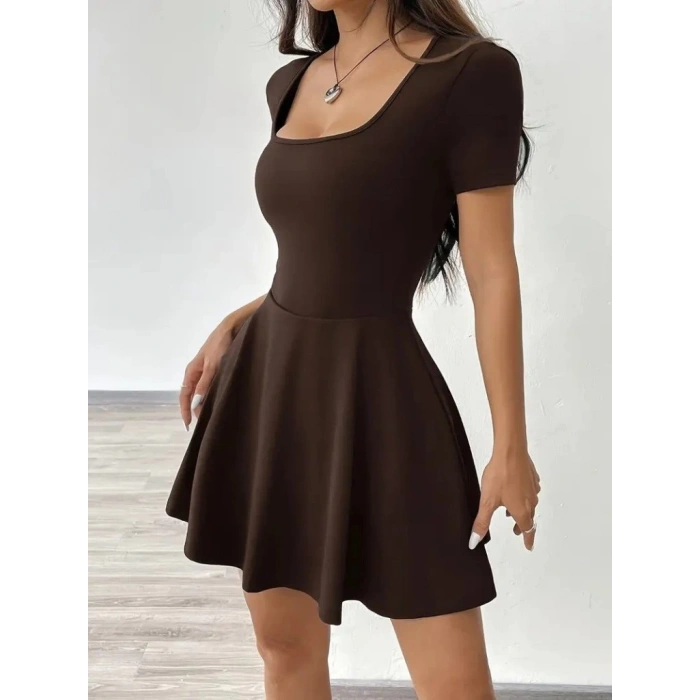 MDB Kadın Kısa Kollu Kare Yaka Short Detaylı Cepli Dalgıç Elbise