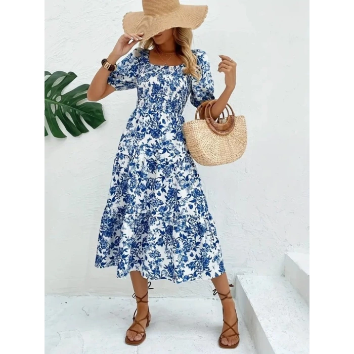 MDB Kadın Kısa Kollu Kare Yakalı Lastikli Desenli Süprem Elbise