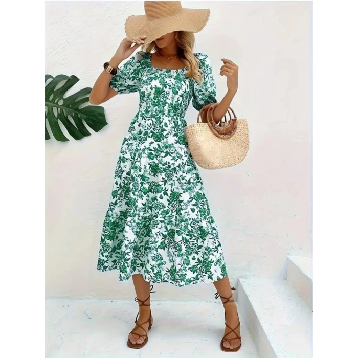 MDB Kadın Kısa Kollu Kare Yakalı Lastikli Desenli Süprem Elbise