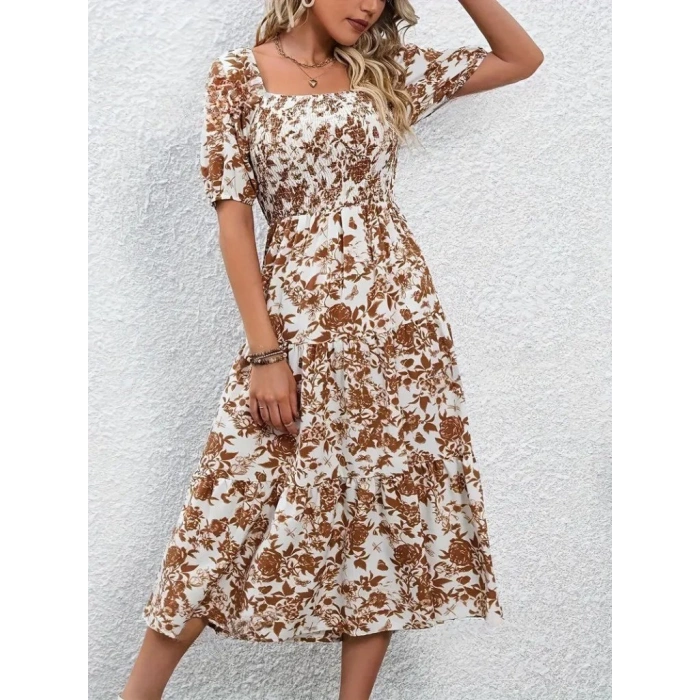 MDB Kadın Kısa Kollu Kare Yakalı Lastikli Desenli Süprem Elbise