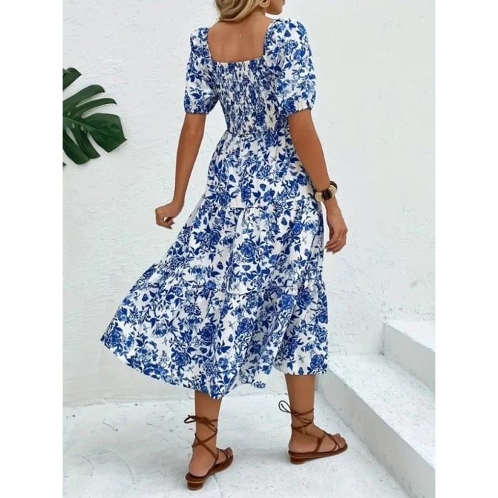 MDB Kadın Kısa Kollu Kare Yakalı Lastikli Desenli Süprem Elbise