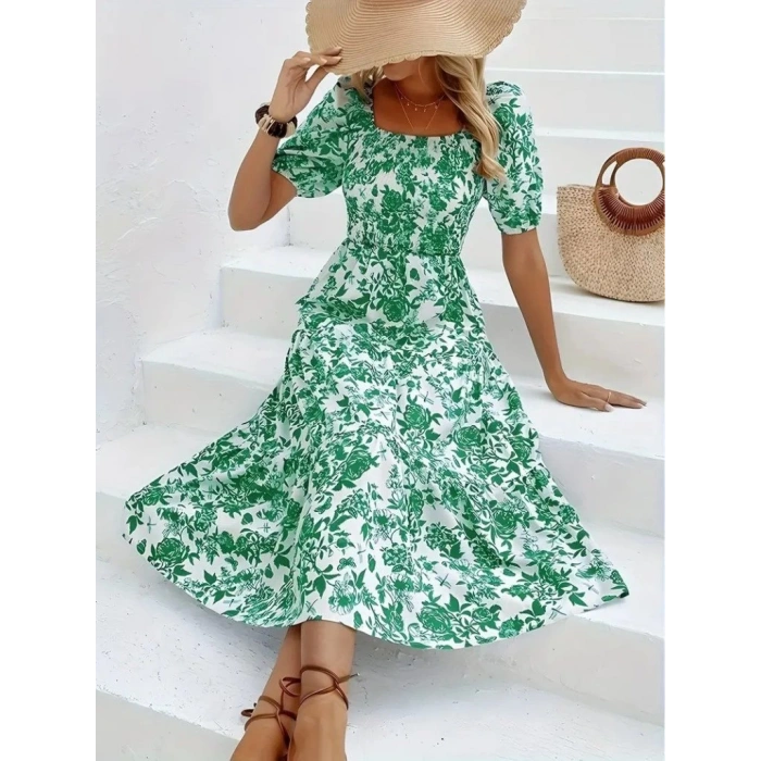 MDB Kadın Kısa Kollu Kare Yakalı Lastikli Desenli Süprem Elbise