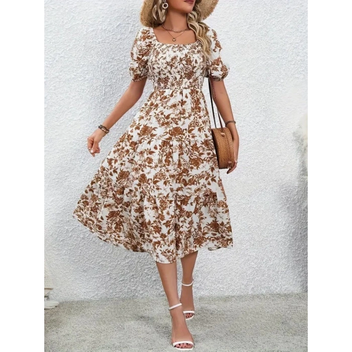 MDB Kadın Kısa Kollu Kare Yakalı Lastikli Desenli Süprem Elbise