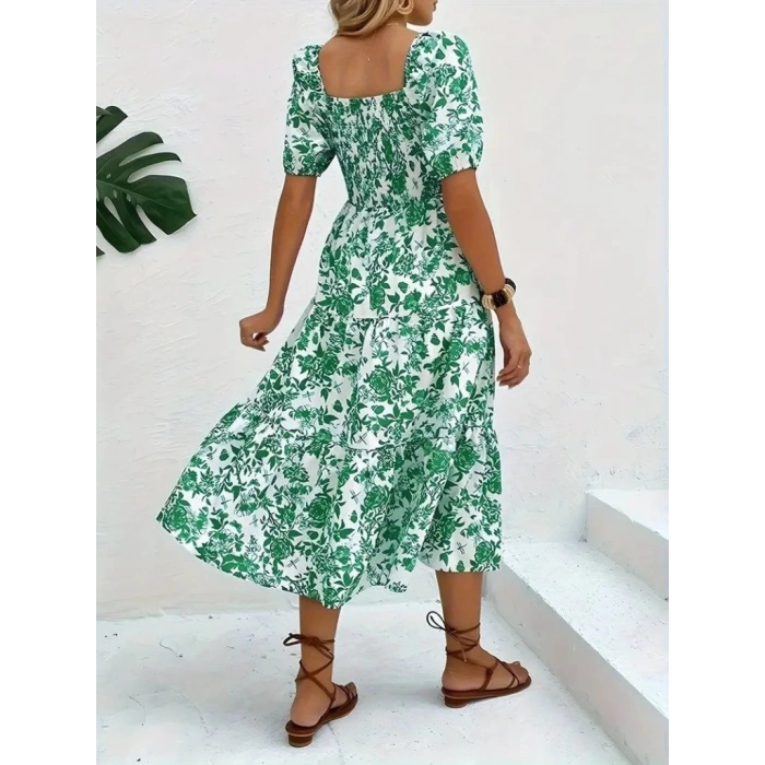 MDB Kadın Kısa Kollu Kare Yakalı Lastikli Desenli Süprem Elbise