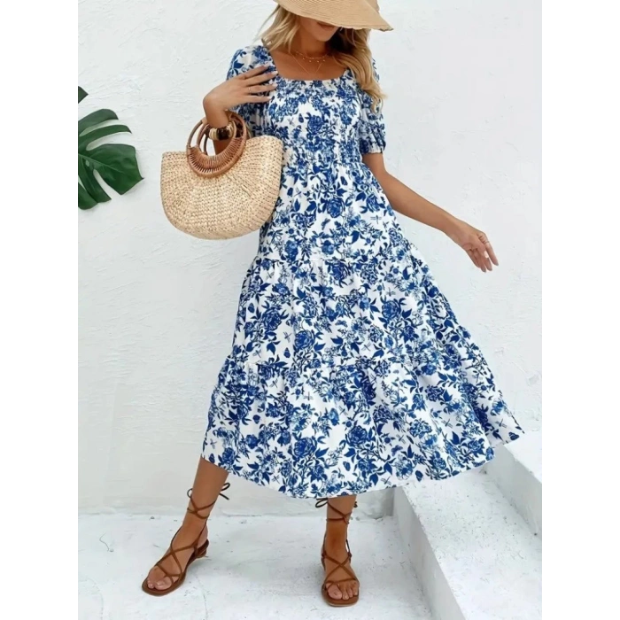 MDB Kadın Kısa Kollu Kare Yakalı Lastikli Desenli Süprem Elbise