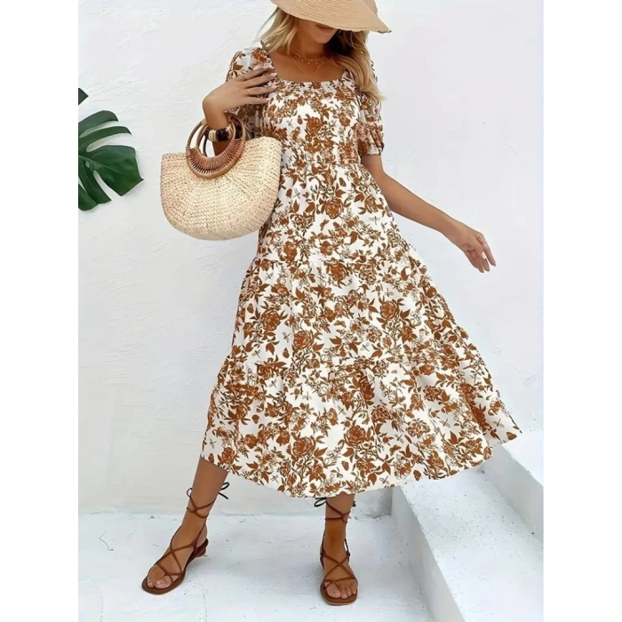 MDB Kadın Kısa Kollu Kare Yakalı Lastikli Desenli Süprem Elbise