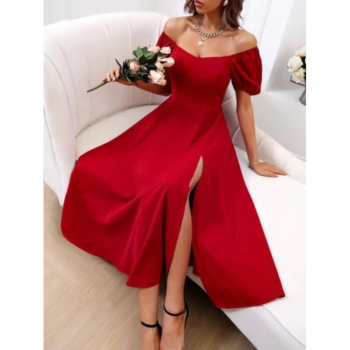 MDB Kadın Kısa Kollu Kare Yakalı Yırtmaçlı Midi Janjan Krep Elbise