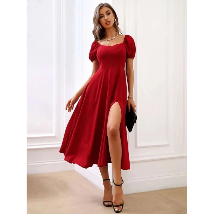 MDB Kadın Kısa Kollu Kare Yakalı Yırtmaçlı Midi Janjan Krep Elbise