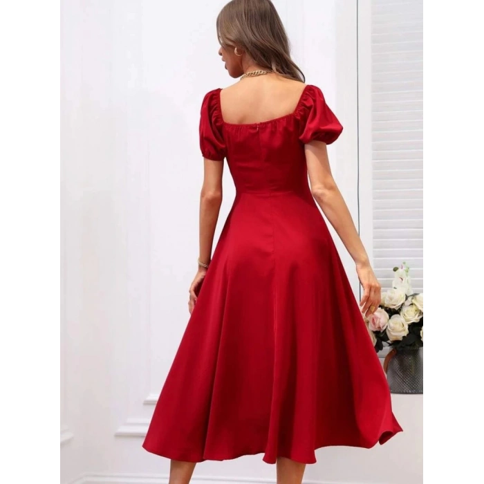 MDB Kadın Kısa Kollu Kare Yakalı Yırtmaçlı Midi Janjan Krep Elbise