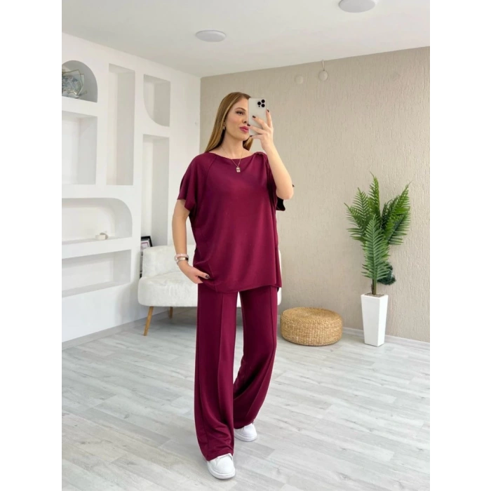 MDB Kadın Kısa Kollu Kayık Yakalı Dikiş Izi Detaylı Viskon Iki Iplik Bluz Ve Pantolon Ikili Takım