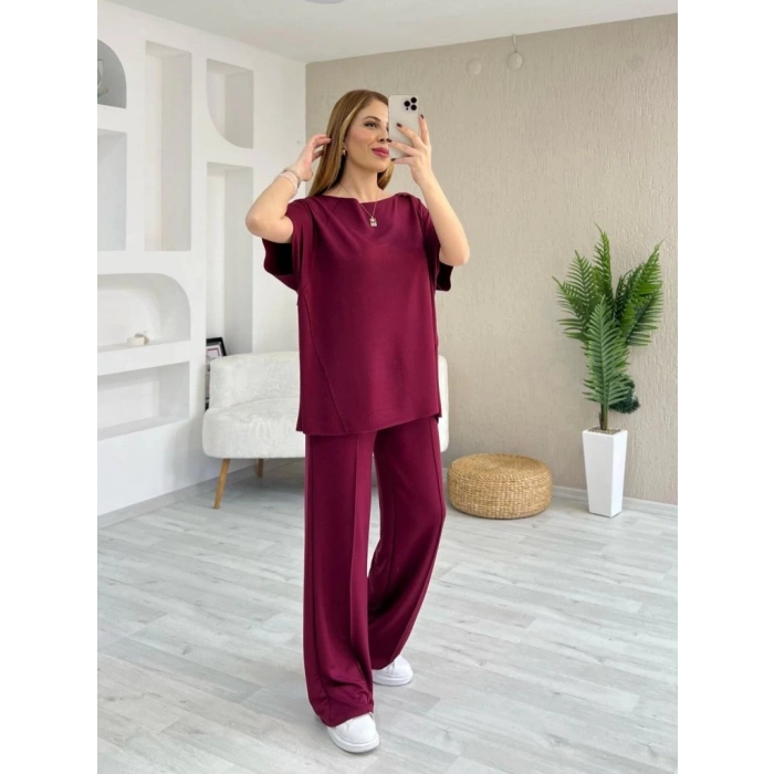 MDB Kadın Kısa Kollu Kayık Yakalı Dikiş Izi Detaylı Viskon Iki Iplik Bluz Ve Pantolon Ikili Takım