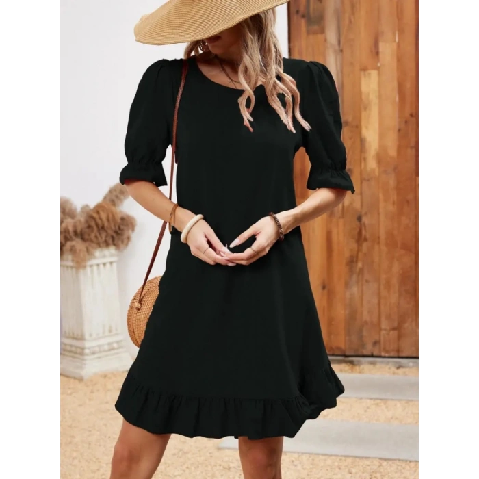 MDB Kadın Kısa Kollu Kol Ve Eteği Volanlı Bisiklet Yaka Aerobin Elbise