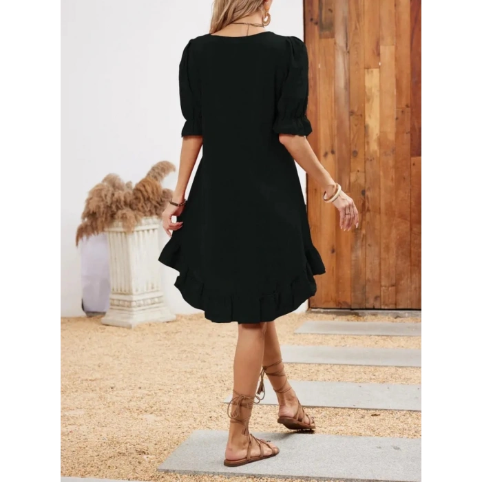 MDB Kadın Kısa Kollu Kol Ve Eteği Volanlı Bisiklet Yaka Aerobin Elbise