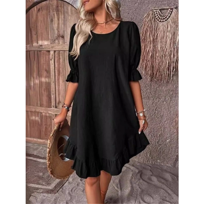 MDB Kadın Kısa Kollu Kol Ve Eteği Volanlı Bisiklet Yaka Aerobin Elbise