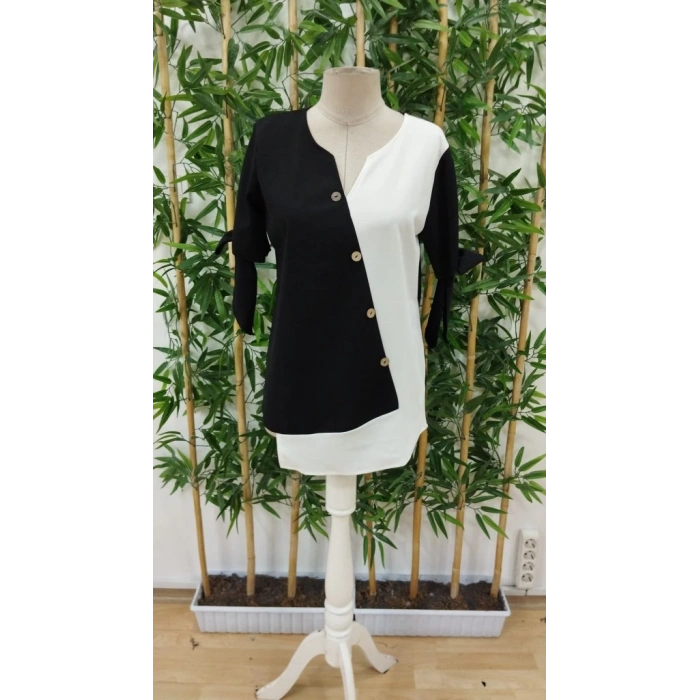 MDB Kadın Kısa Kollu Kollardan Bağlamalı önden Asimetrik Kesim çift Renk Detaylı Düğmeli Ithal Krep Bluz