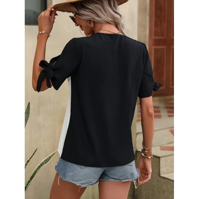 MDB Kadın Kısa Kollu Kollardan Bağlamalı önden Asimetrik Kesim çift Renk Detaylı Düğmeli Ithal Krep Bluz