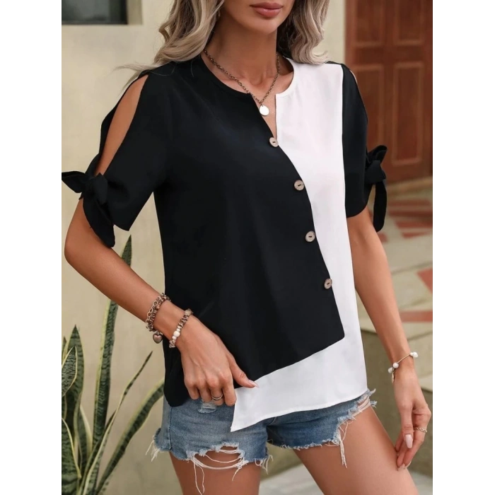 MDB Kadın Kısa Kollu Kollardan Bağlamalı önden Asimetrik Kesim çift Renk Detaylı Düğmeli Ithal Krep Bluz