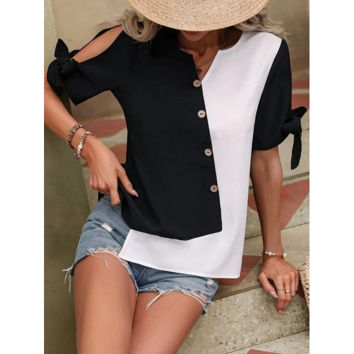 MDB Kadın Kısa Kollu Kollardan Bağlamalı önden Asimetrik Kesim çift Renk Detaylı Düğmeli Ithal Krep Bluz