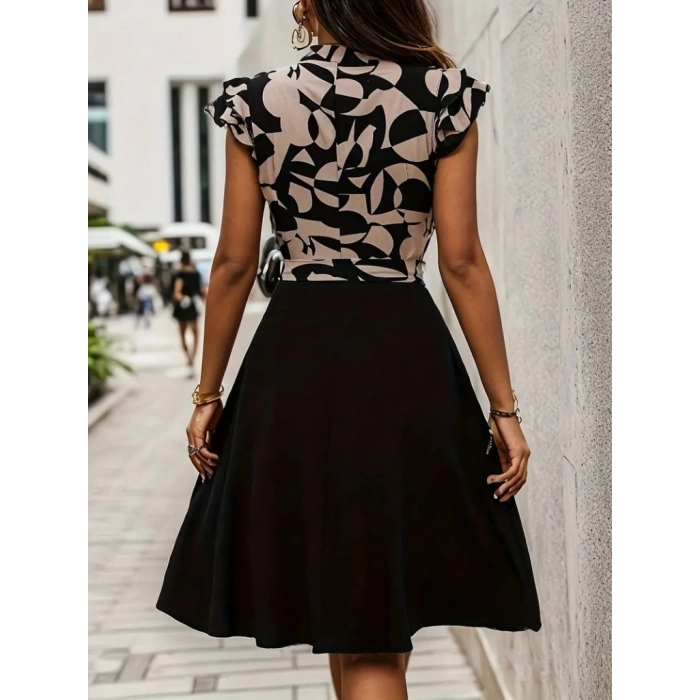 MDB Kadın Kısa Kollu Kolu Fırfır Detay Mini Kuşaklı Kloş Krep Elbise