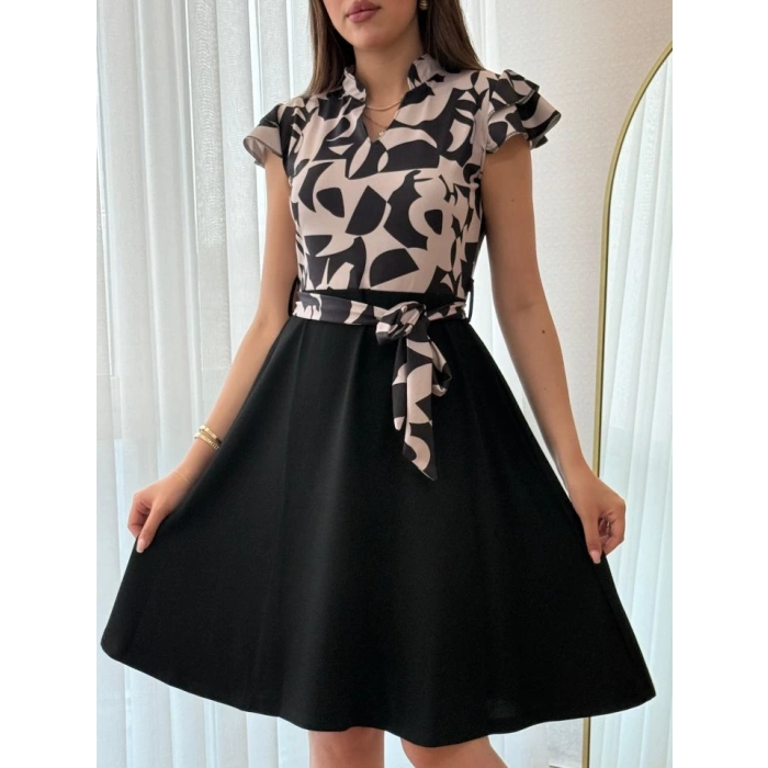 MDB Kadın Kısa Kollu Kolu Fırfır Detay Mini Kuşaklı Kloş Krep Elbise