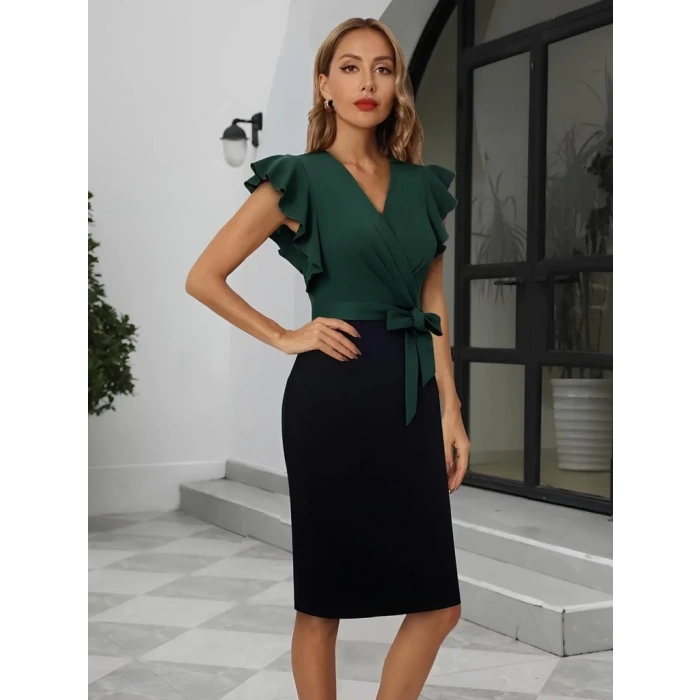 MDB Kadın Kısa Kollu Kruvaze Yaka Beli Kuşaklı Blok Desenli Ithal Krep Elbise