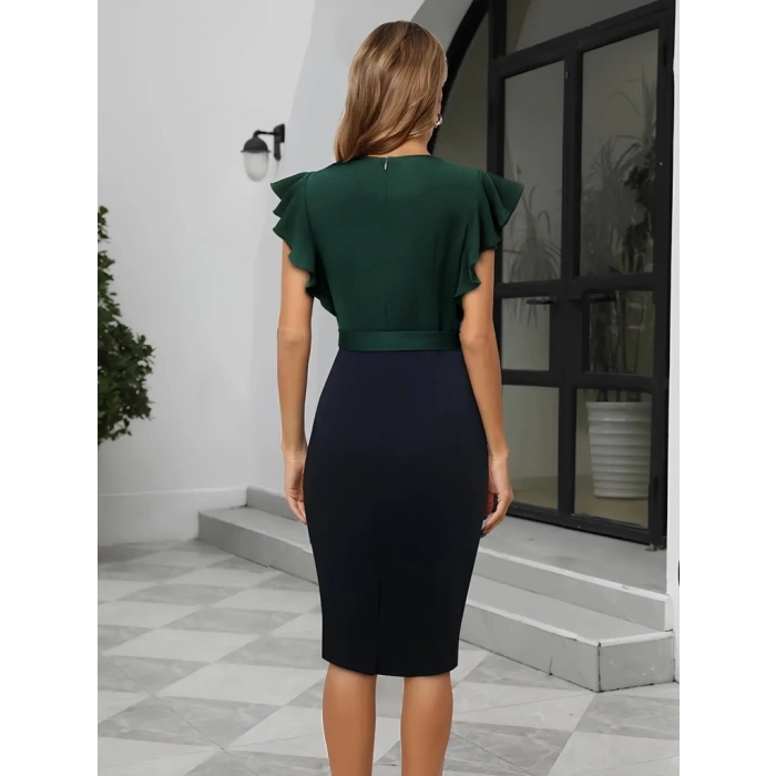 MDB Kadın Kısa Kollu Kruvaze Yaka Beli Kuşaklı Blok Desenli Ithal Krep Elbise