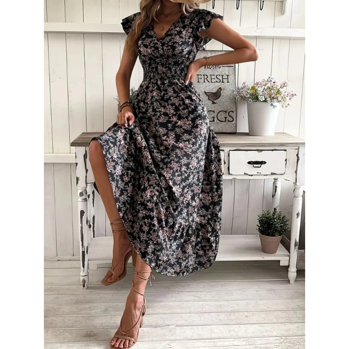 MDB Kadın Kısa Kollu Kruvaze Yaka Beli Lastikli çiçek Desenli Elbise