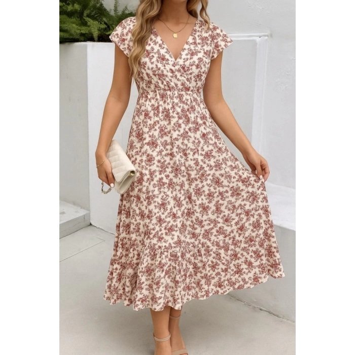 MDB Kadın Kısa Kollu Kruvaze Yaka Beli Lastikli çiçek Desenli Elbise