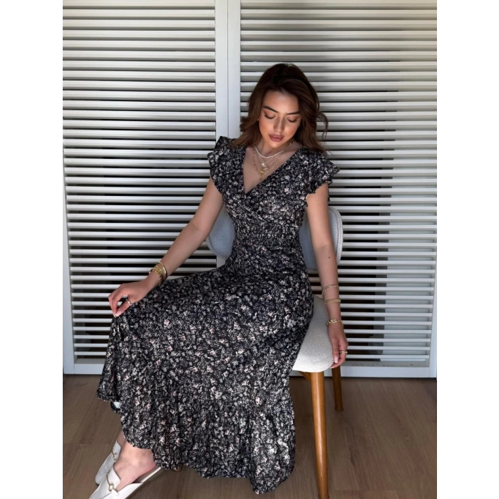 MDB Kadın Kısa Kollu Kruvaze Yaka Beli Lastikli çiçek Desenli Elbise