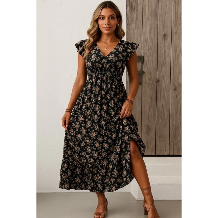 MDB Kadın Kısa Kollu Kruvaze Yaka Beli Lastikli çiçek Desenli Elbise