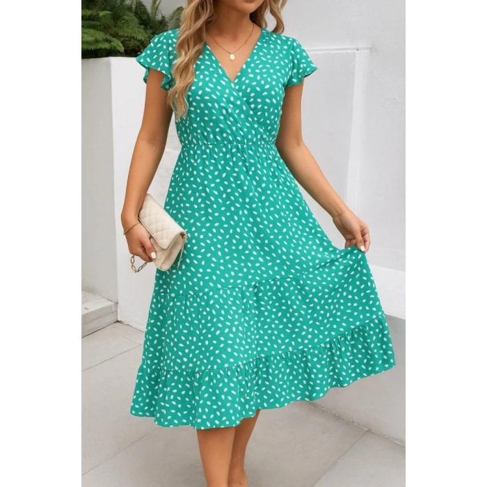 MDB Kadın Kısa Kollu Kruvaze Yaka Beli Lastikli çiçek Desenli Elbise