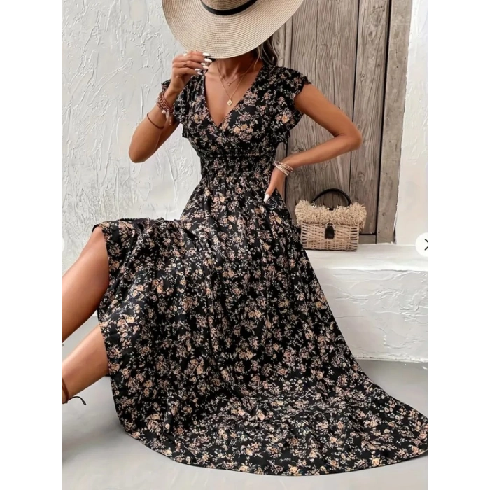 MDB Kadın Kısa Kollu Kruvaze Yaka Beli Lastikli çiçek Desenli Elbise