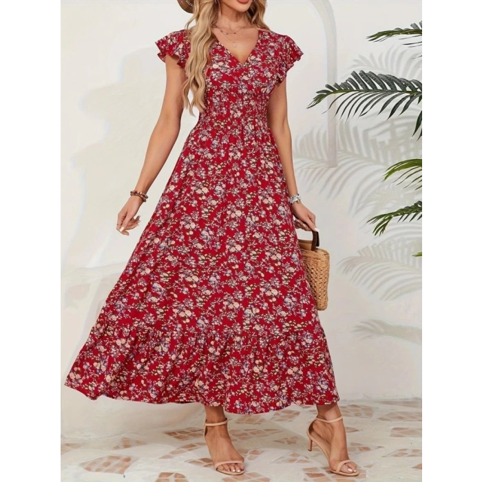 MDB Kadın Kısa Kollu Kruvaze Yaka Beli Lastikli çiçek Desenli Elbise