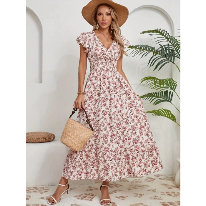 MDB Kadın Kısa Kollu Kruvaze Yaka Beli Lastikli çiçek Desenli Elbise